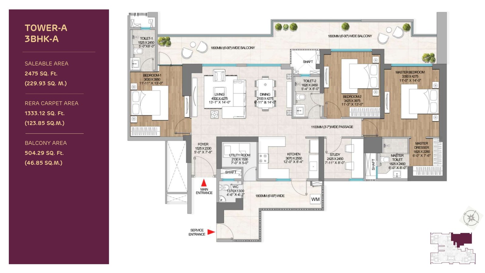 Adani The Marq 3 BHK-A Floor Plan Tower A