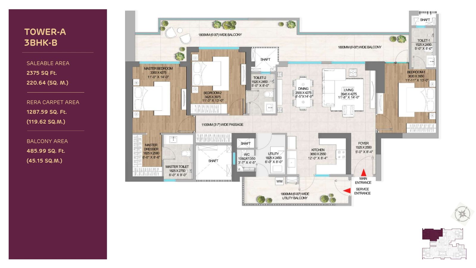 Adani The Marq 3 BHK-B Floor Plan Tower A