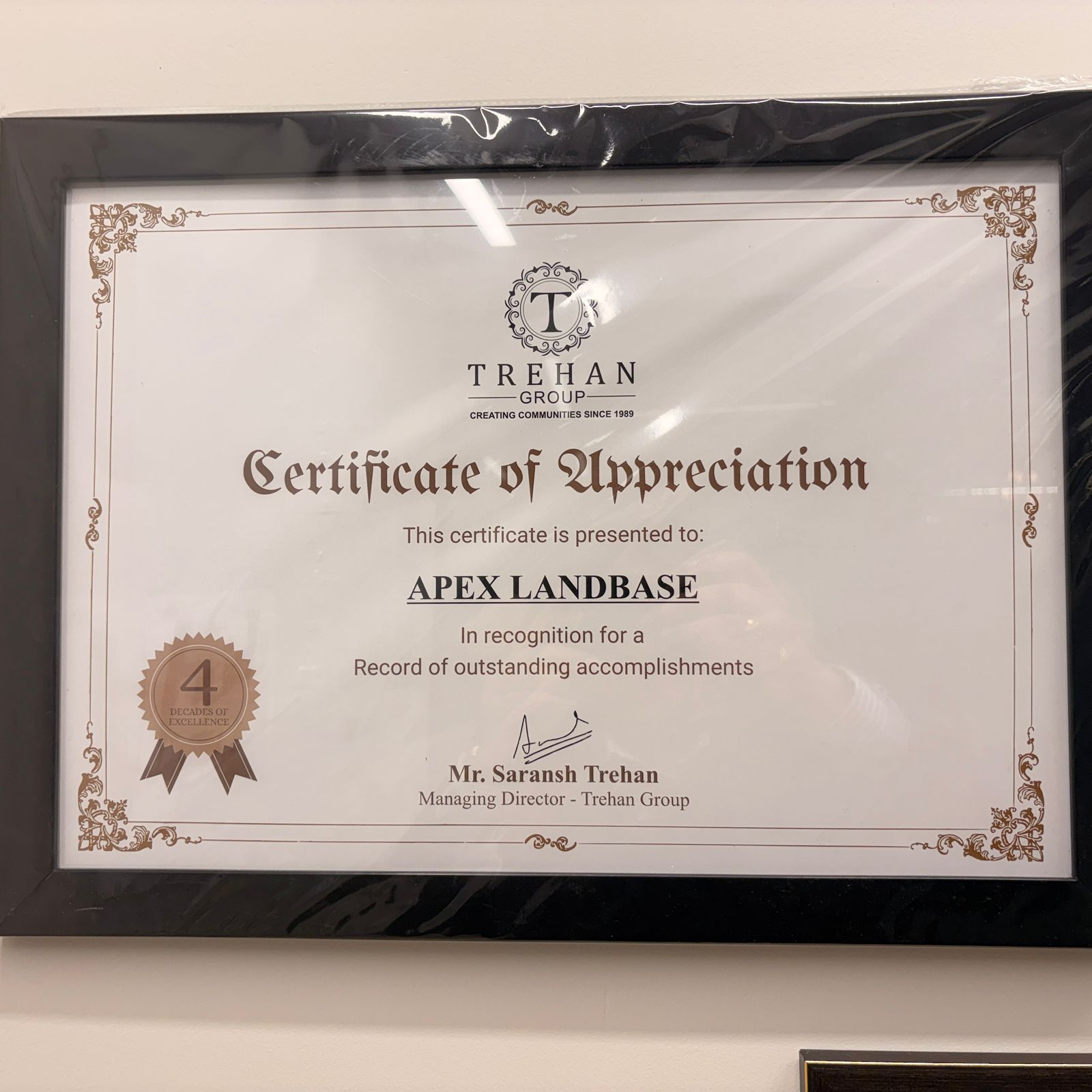 Trehan Group — Certificate of Appreciation
