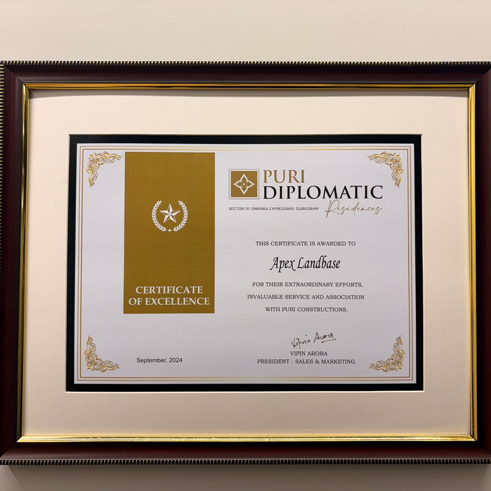 Puri Diplomatic — Certificate of Excellence