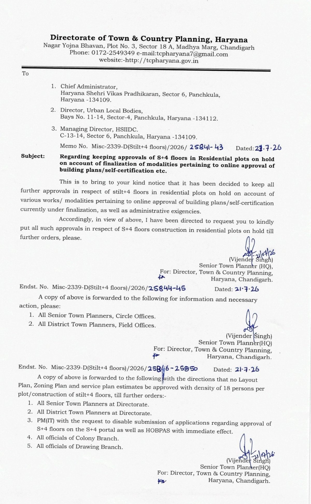 TCPD Haryana Memo No. Misc-2339-D dated 21 July 2026 placing stilt plus 4 floor approvals on hold