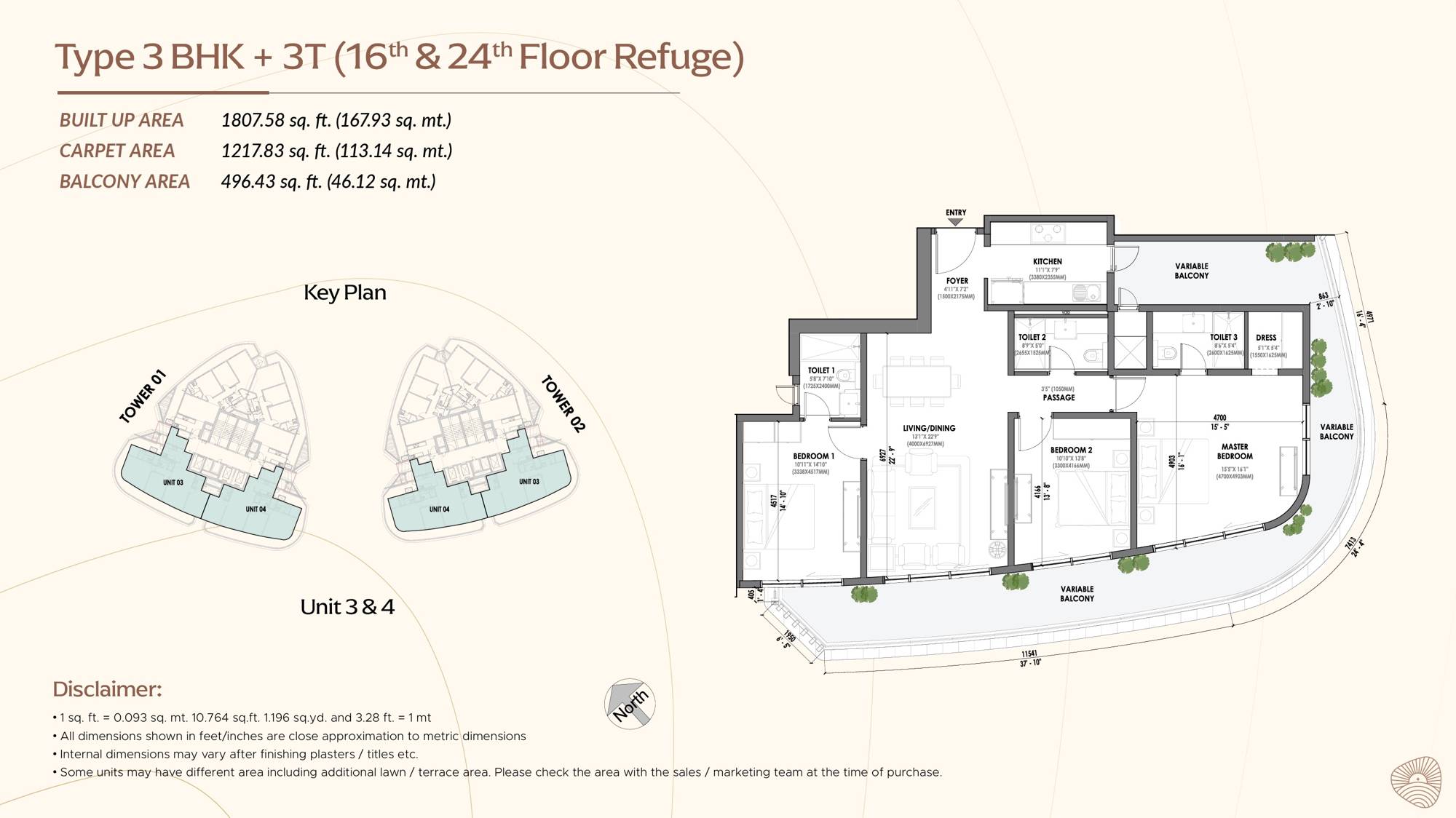 Eldeco Terra and Sol 3 BHK 16th and 24th floor refuge floor plan