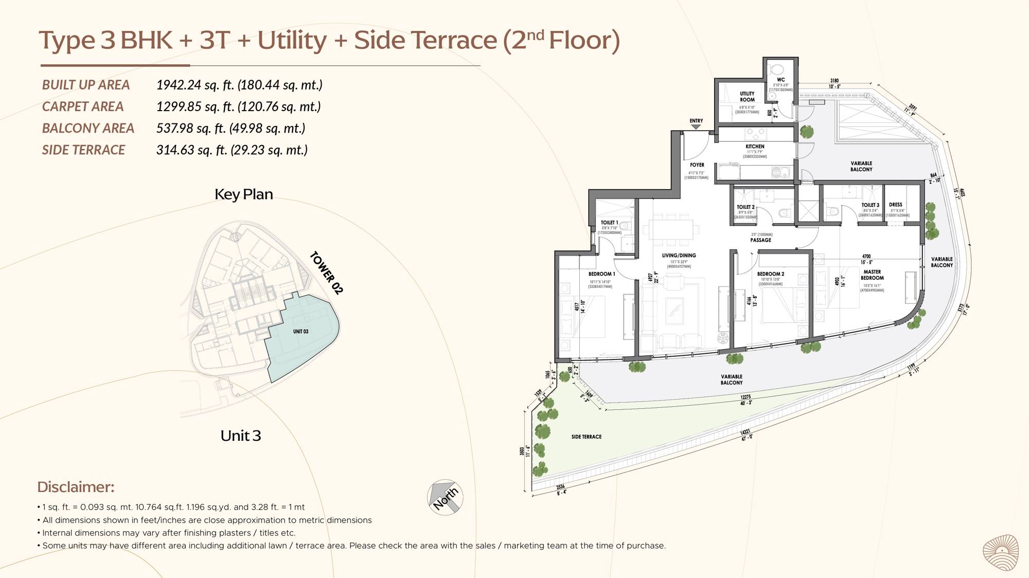 Eldeco Terra and Sol 3 BHK Unit 3 side terrace floor plan, 2nd floor