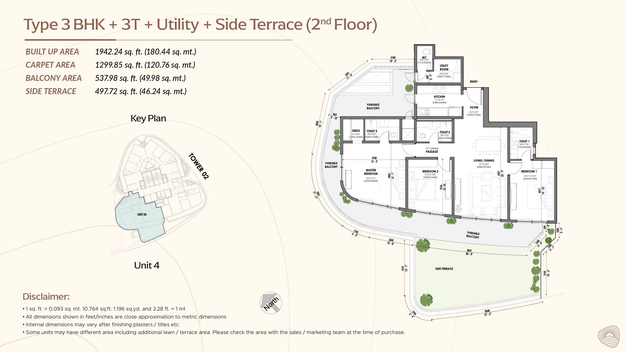 Eldeco Terra and Sol 3 BHK Unit 4 side terrace floor plan, 2nd floor