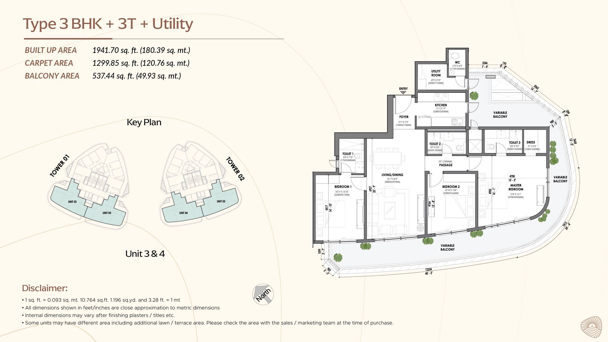 Eldeco Terra and Sol 3 BHK 3 Toilet plus Utility floor plan