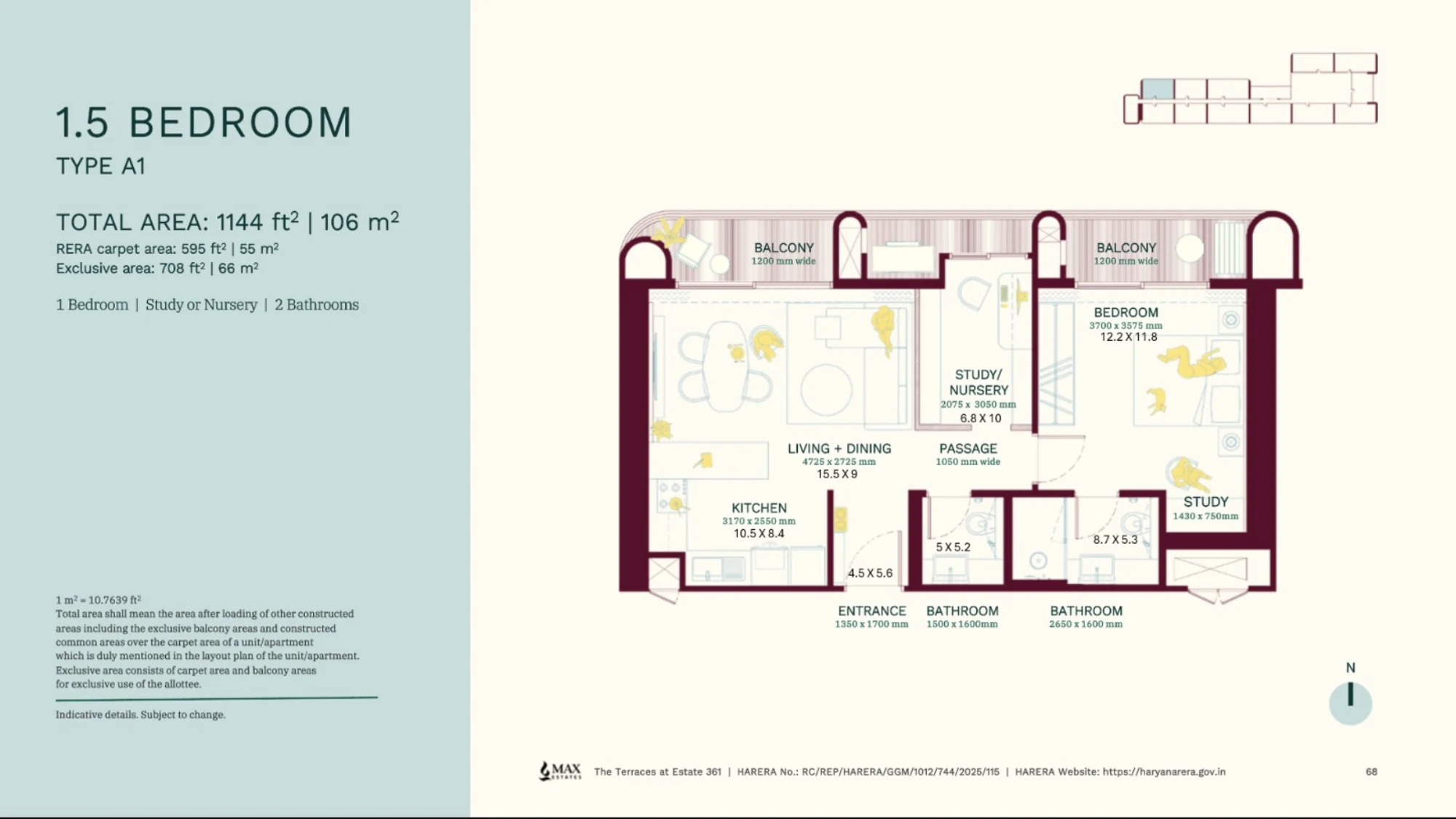 The Terraces 1.5 BHK Floor Plan - 1144 sq.ft