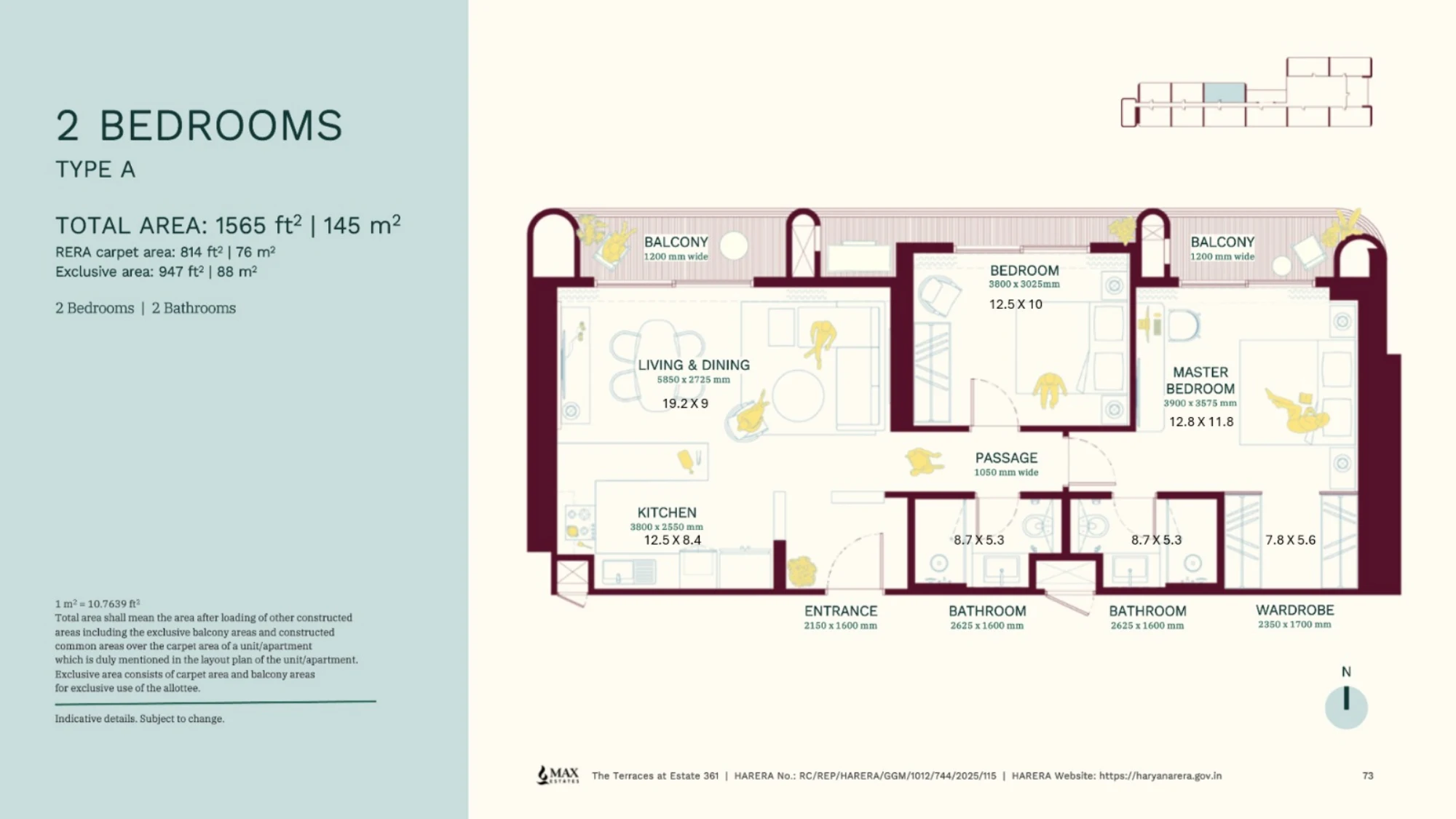 The Terraces 2 BHK Floor Plan - 1565 sq.ft