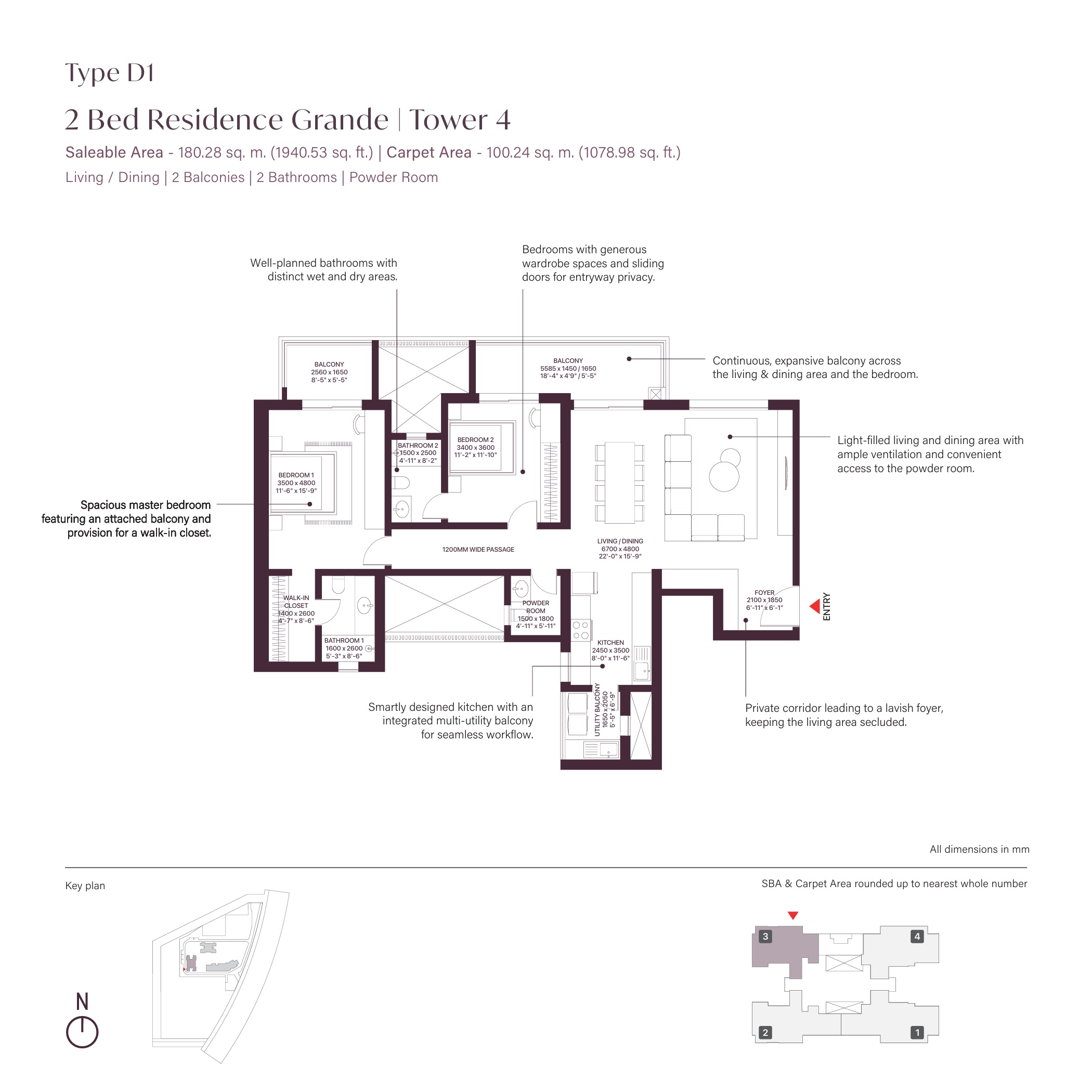 SOBHA Crescent 2 BHK Floor Plan Type D1 - 1940 sq ft saleable