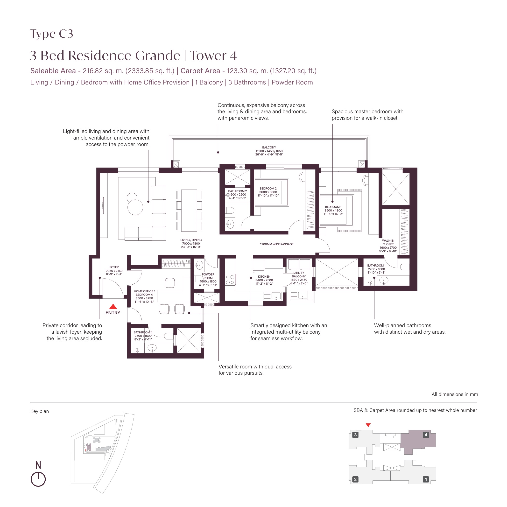 SOBHA Crescent 3 BHK Floor Plan Type C3 with Home Office - 2333 sq ft saleable