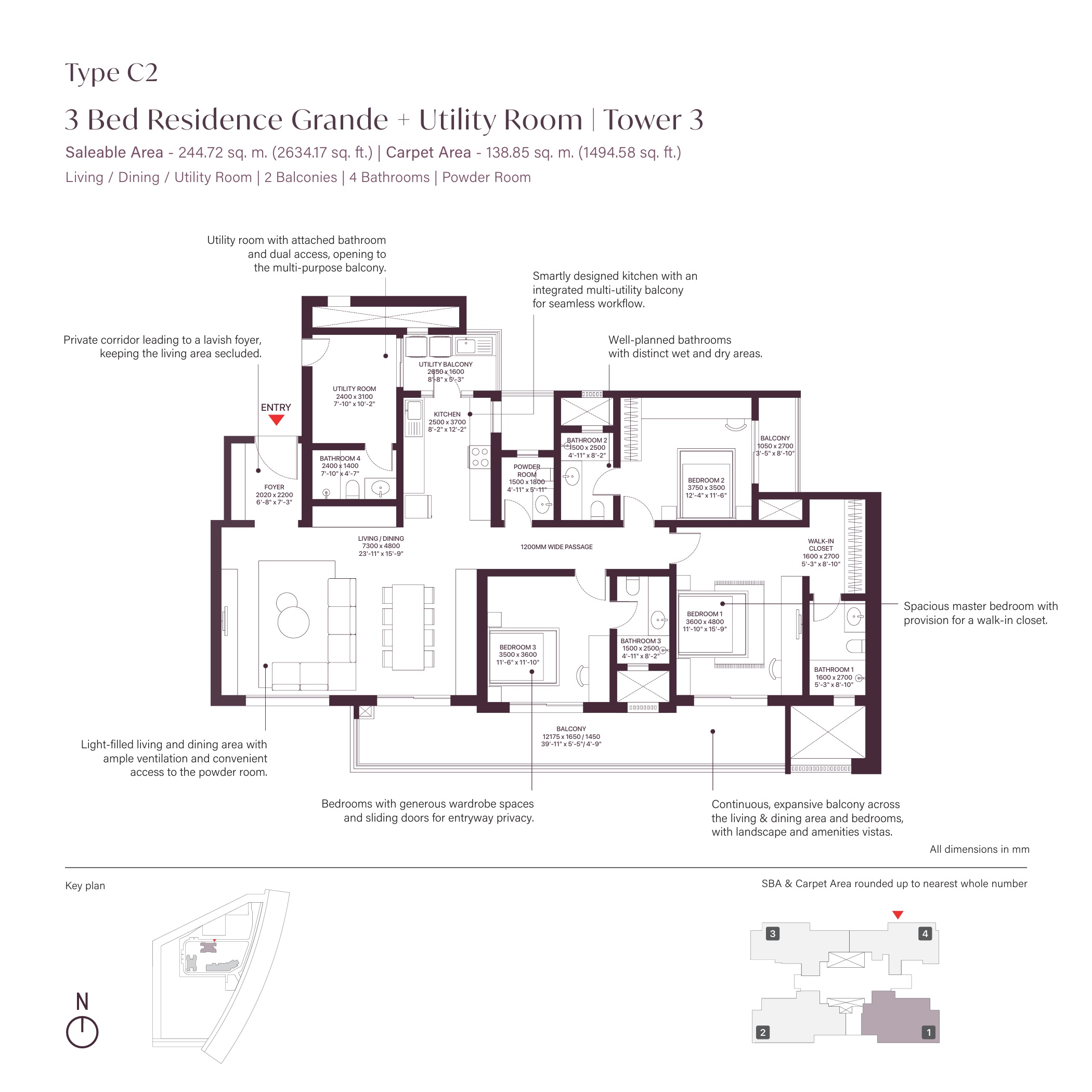 SOBHA Crescent 3 BHK Floor Plan Type C2 with Utility Room - 2634 sq ft saleable