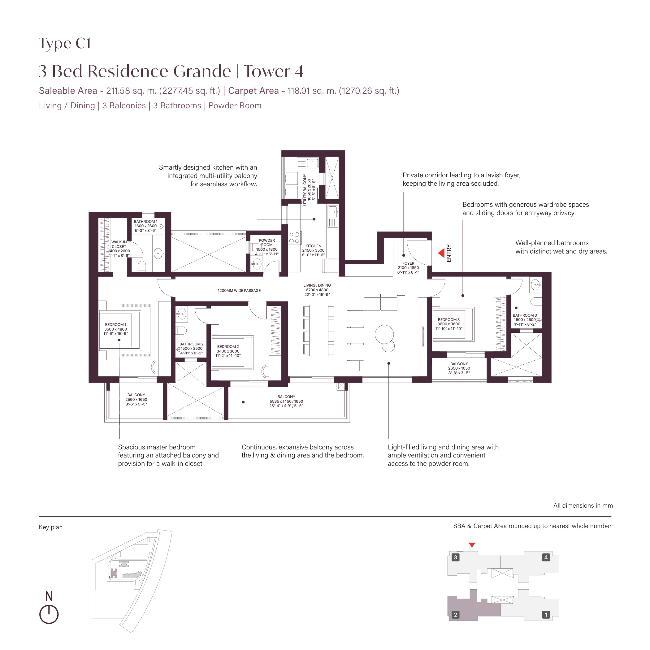 SOBHA Crescent 3 BHK Floor Plan Type C1 - 2277 sq ft saleable