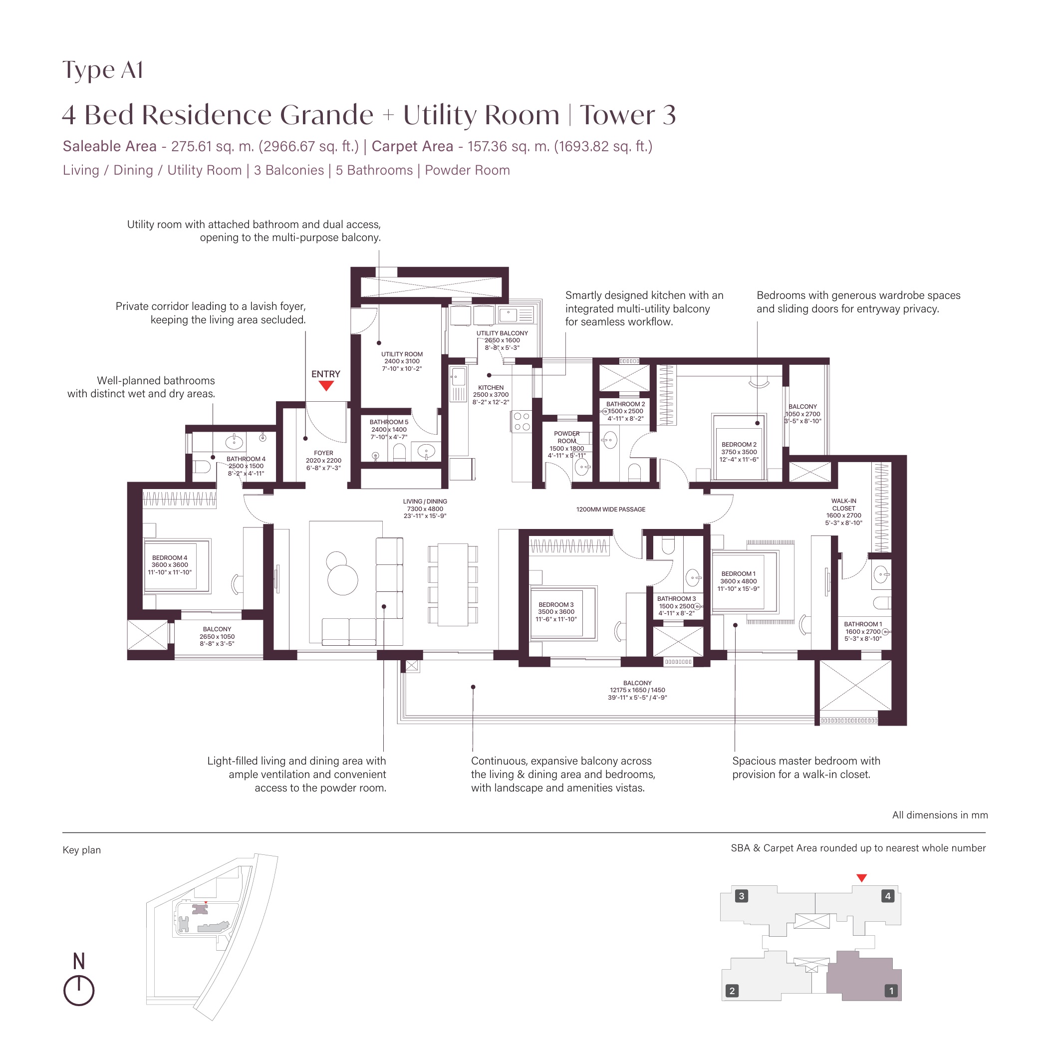 SOBHA Crescent 4 BHK Floor Plan Type A1 with Utility Room - 2966 sq ft saleable