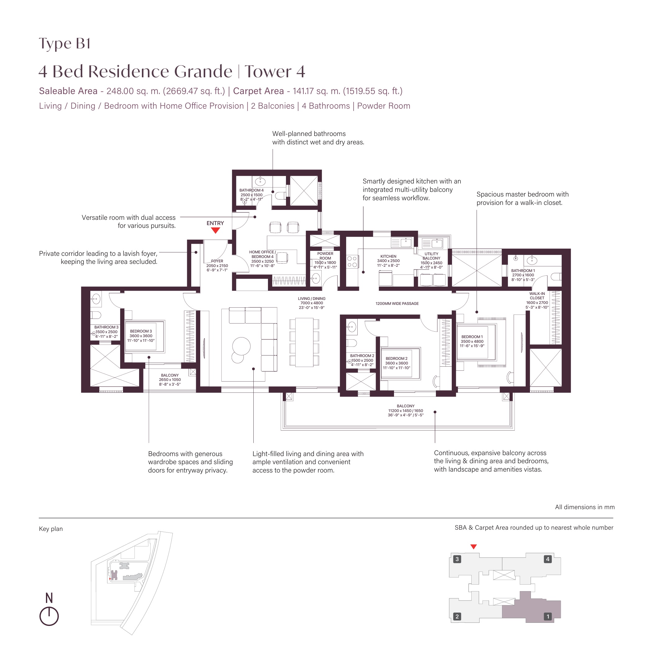 SOBHA Crescent 4 BHK Floor Plan Type B1 - 2669 sq ft saleable