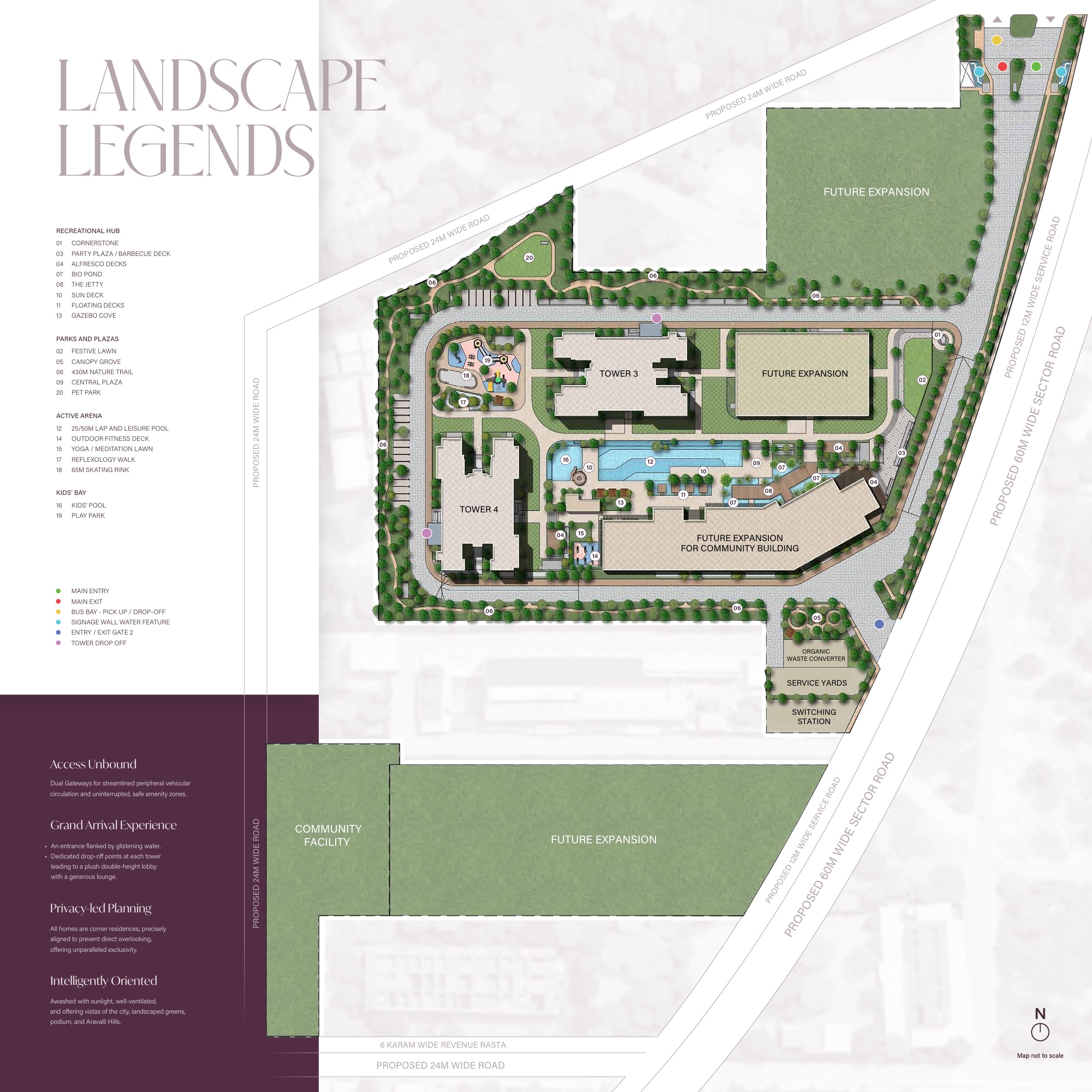 SOBHA Crescent masterplan - towers, landscape legends, recreational hub, active arena