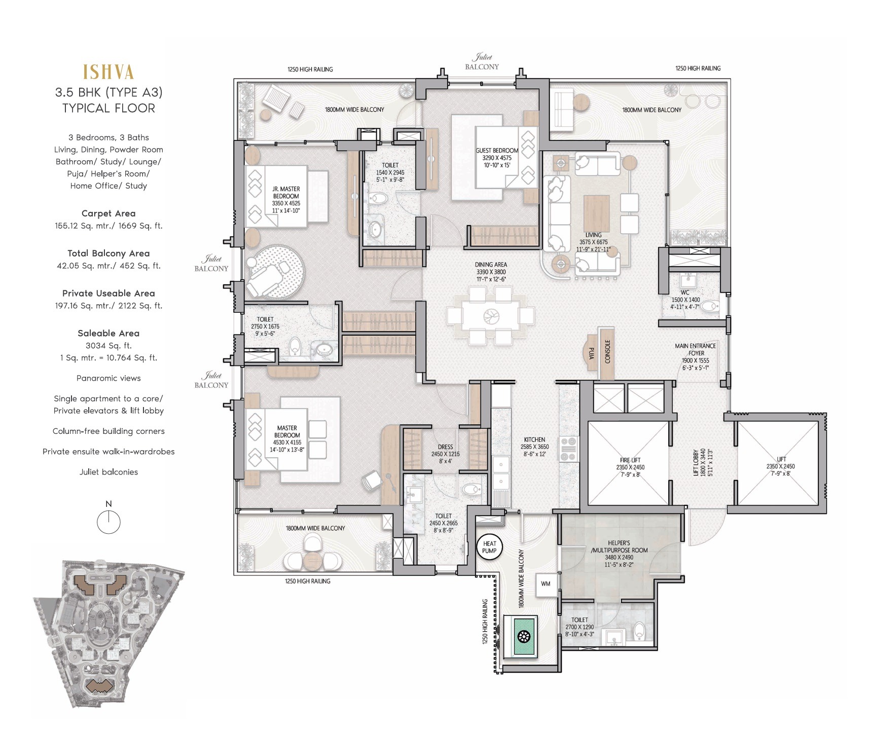 TARC Ishva 3.5 BHK Type A3 Floor Plan Sector 63A