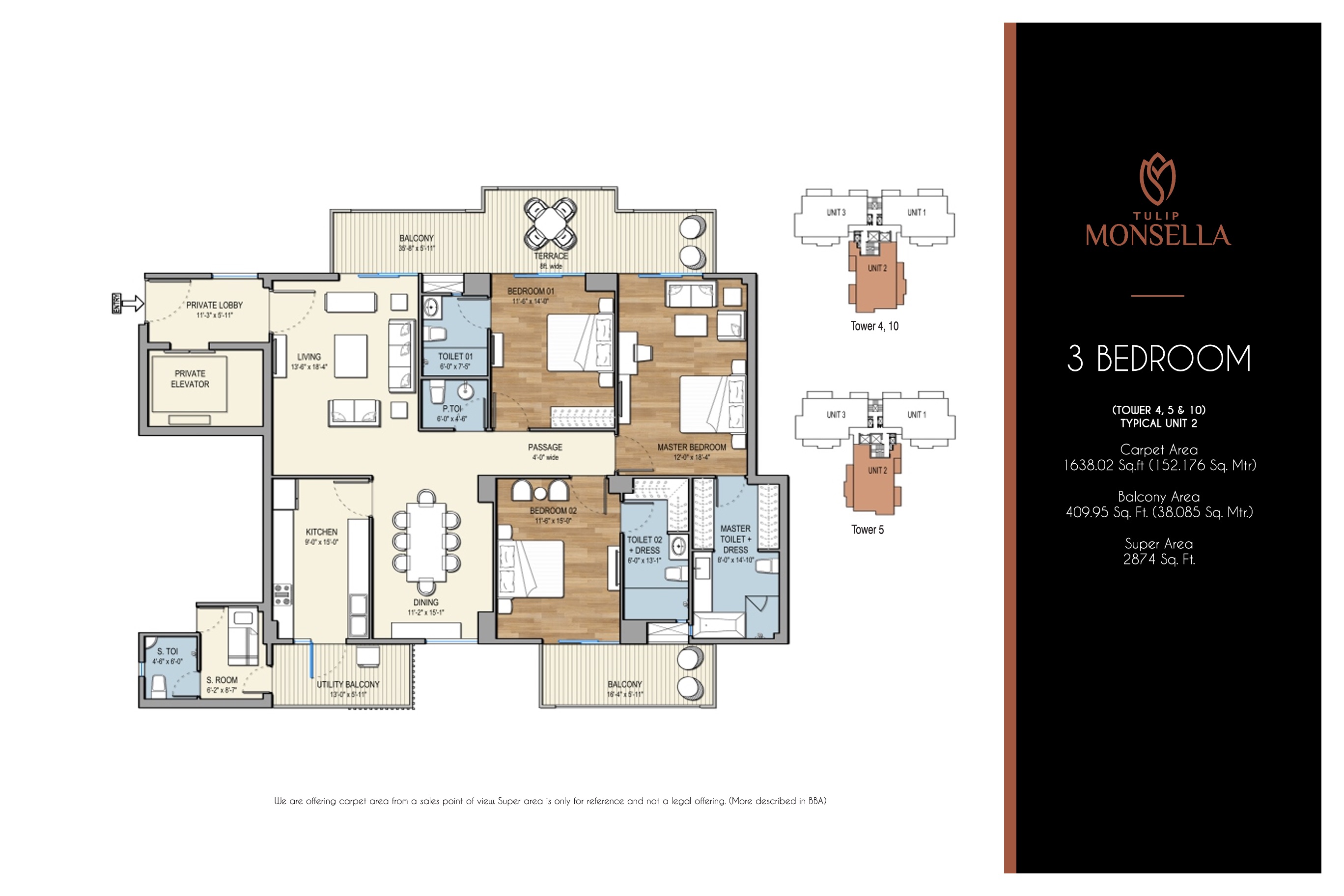 Tulip Monsella 3 BHK Floor Plan - 2874-2892 sq ft
